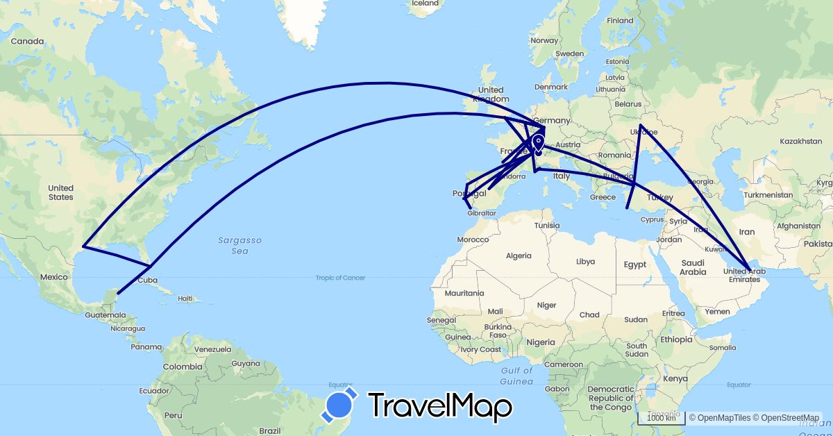 TravelMap itinerary: driving in United Arab Emirates, Belgium, Switzerland, Germany, Spain, France, United Kingdom, Italy, Mexico, Portugal, Turkey, Ukraine, United States (Asia, Europe, North America)